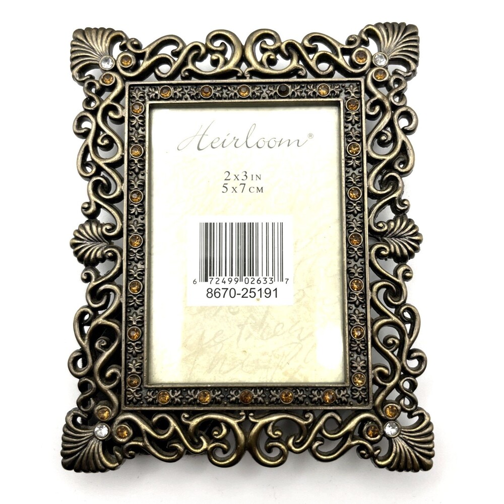 Heirloom Picture Frame Ornate Openwork Brass Tone Crystal Accents Fits 2x3 Photo
